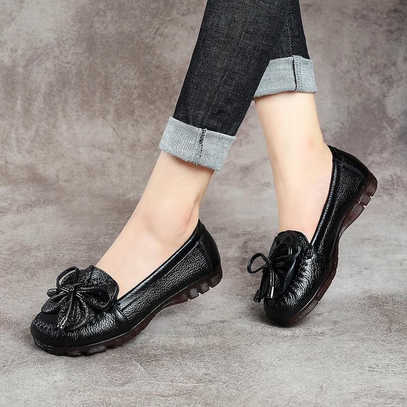 Black Bow Flat Shoes Genuine Leather Handmade  Flat Shoes XZ-PDX210728