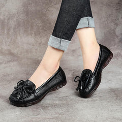 Black Bow Flat Shoes Genuine Leather Handmade  Flat Shoes XZ-PDX210728