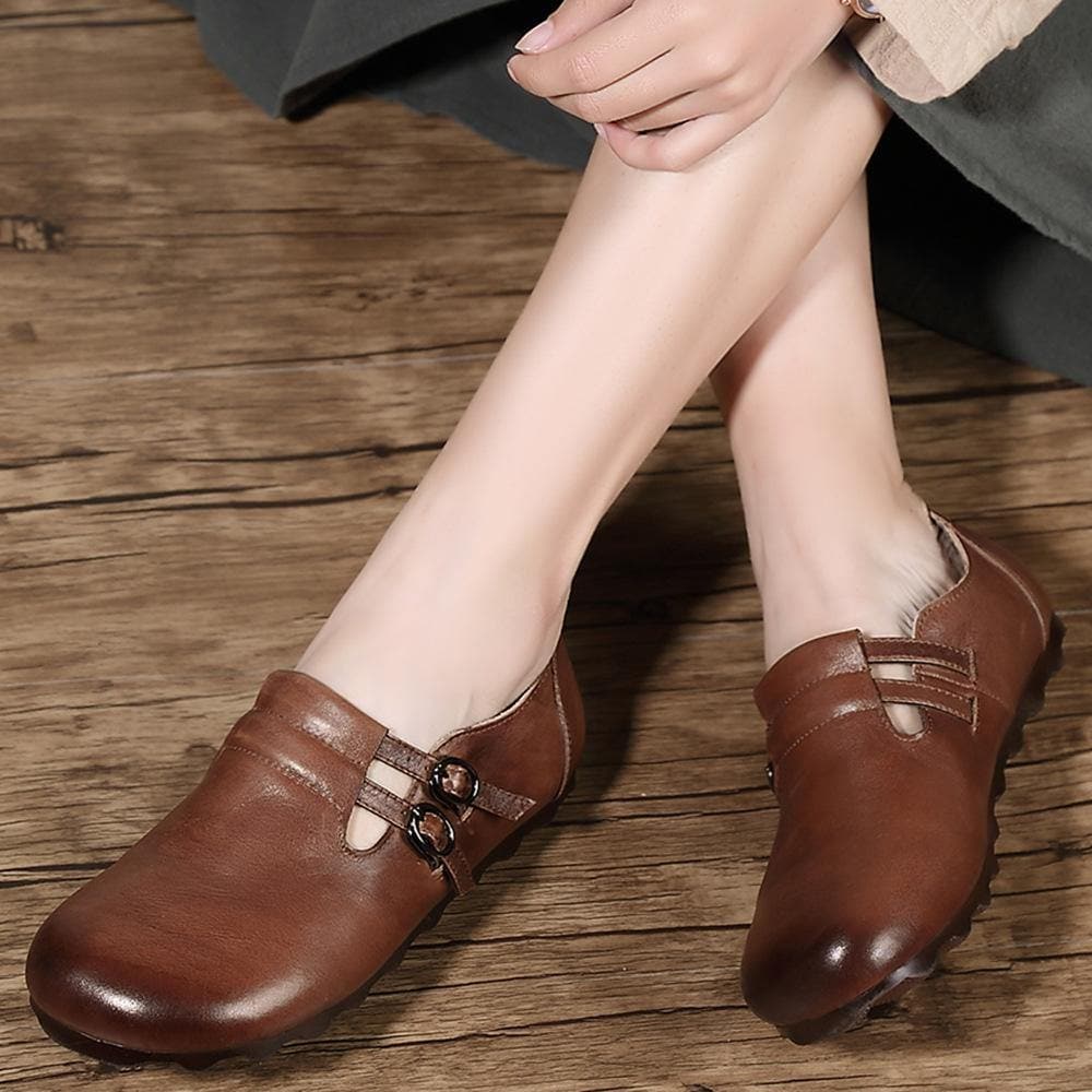 Black Cowhide Leather Flat Shoes Buckle Strap Flats PDX210712