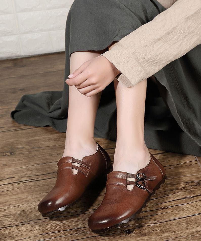 Black Cowhide Leather Flat Shoes Buckle Strap Flats PDX210712