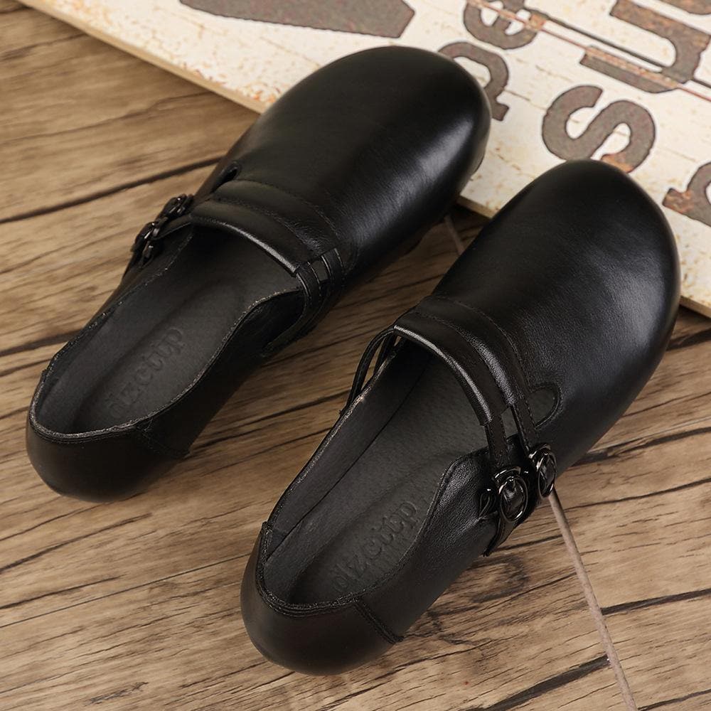 Black Cowhide Leather Flat Shoes Buckle Strap Flats PDX210712