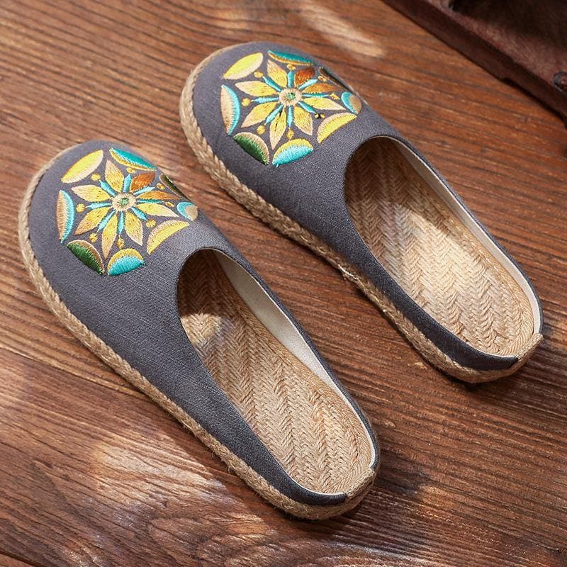 Black Embroideried Cotton Linen Slippers Shoes LT210630