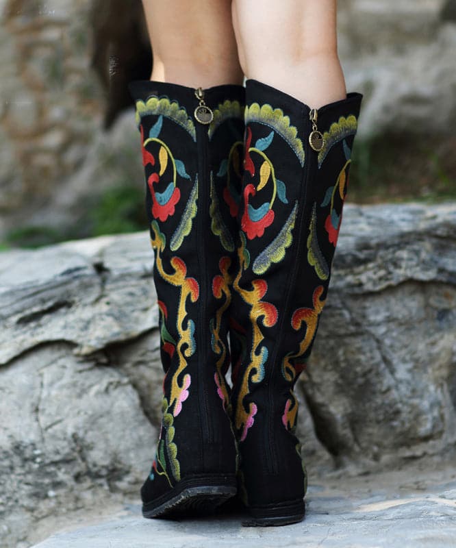 Black Embroideried Cowgirl Boots Cotton Fabric zippered Knee Boots BX-XZ220407