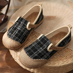 Black Plaid Cotton Linen Patchwork Flat Feet Shoes PDX210630