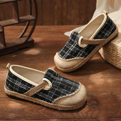 Black Plaid Cotton Linen Patchwork Flat Feet Shoes PDX210630