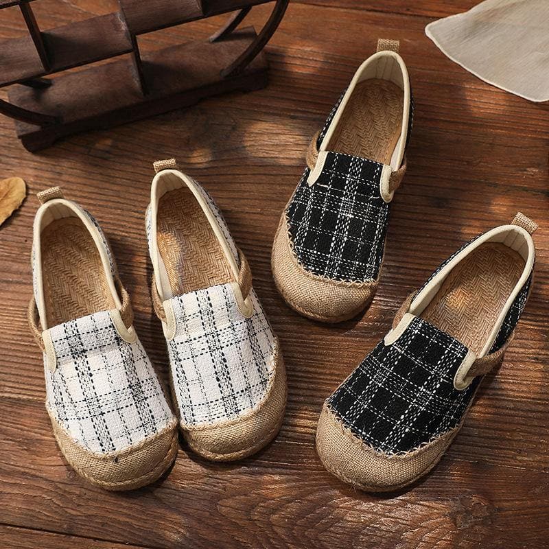 Black Plaid Cotton Linen Patchwork Flat Feet Shoes PDX210630