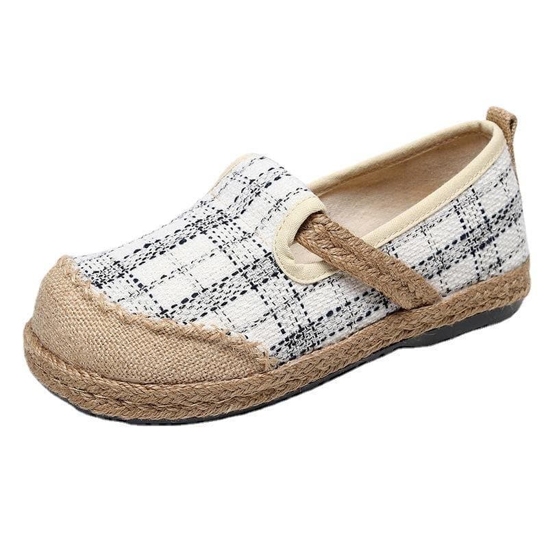 Black Plaid Cotton Linen Patchwork Flat Feet Shoes PDX210630