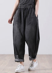 Black Pockets Cotton Denim Harem Pants High Waist Hole Fall WG-LPTS220714