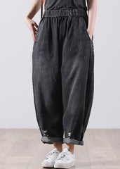 Black Pockets Cotton Denim Harem Pants High Waist Hole Fall WG-LPTS220714