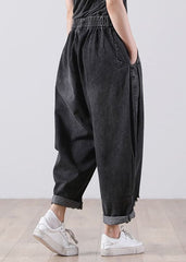 Black Pockets Cotton Denim Harem Pants High Waist Hole Fall WG-LPTS220714