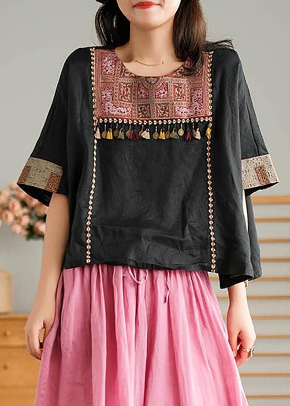 Black Vintage Embroidered Linen Women T-shirt GK-HTP210709