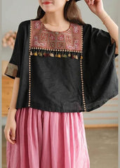 Black Vintage Embroidered Linen Women T-shirt GK-HTP210709