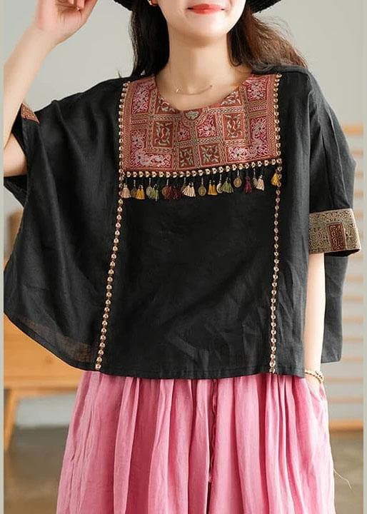 Black Vintage Embroidered Linen Women T-shirt GK-HTP210709