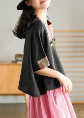Black Vintage Embroidered Linen Women T-shirt GK-HTP210709