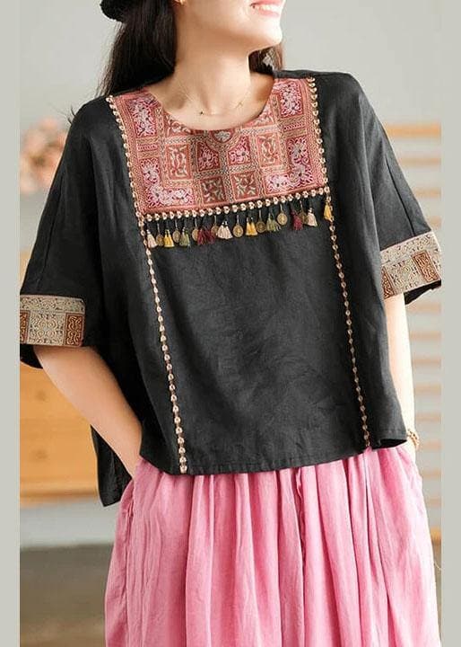 Black Vintage Embroidered Linen Women T-shirt GK-HTP210709