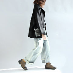 Black woolen cape coats oversized zippered short jackets CTS171028