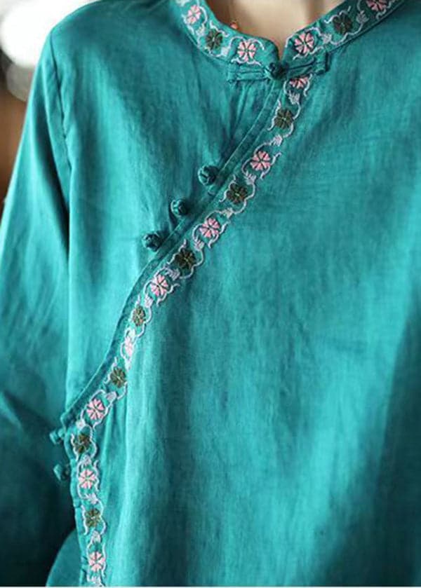Blue Asymmetrical Design Linen Shirt Embroideried Long Sleeve DylinoShop