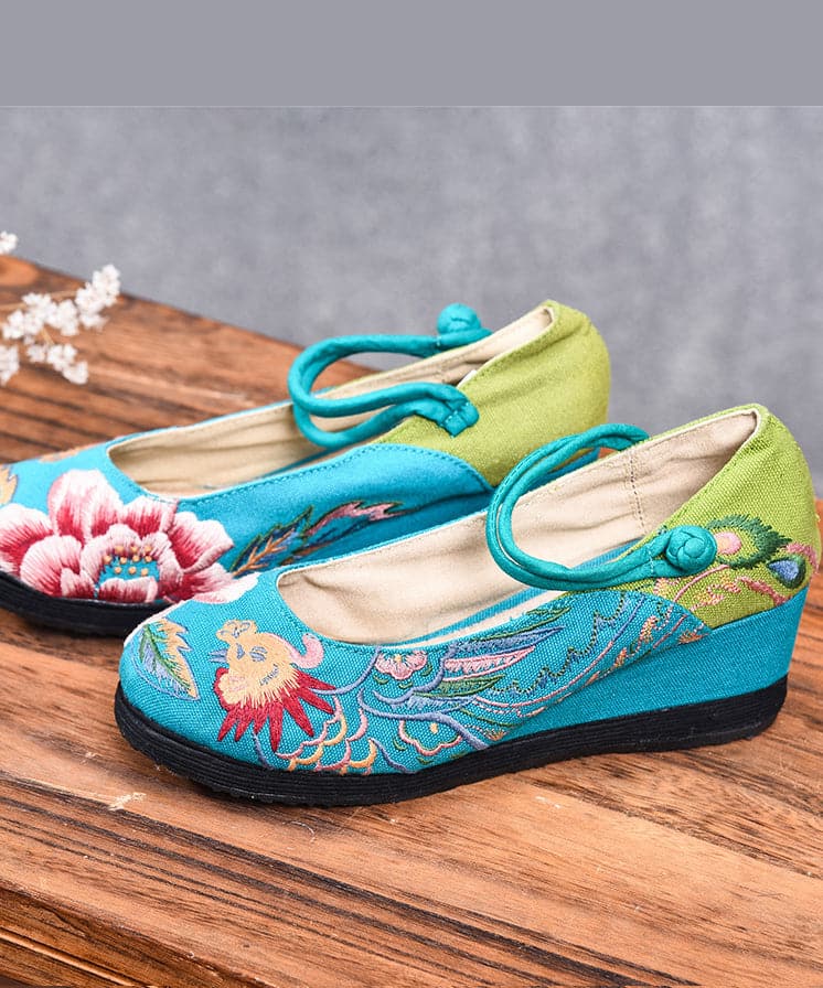 Blue High Wedge Heels Shoes Wedge Cotton Fabric Handmade Embroideried Patchwork Buckle Strap High Wedge Heels Shoes BX-XZ-PG20220401