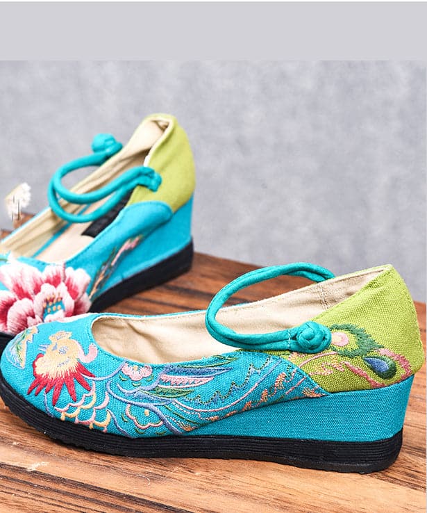 Blue High Wedge Heels Shoes Wedge Cotton Fabric Handmade Embroideried Patchwork Buckle Strap High Wedge Heels Shoes BX-XZ-PG20220401