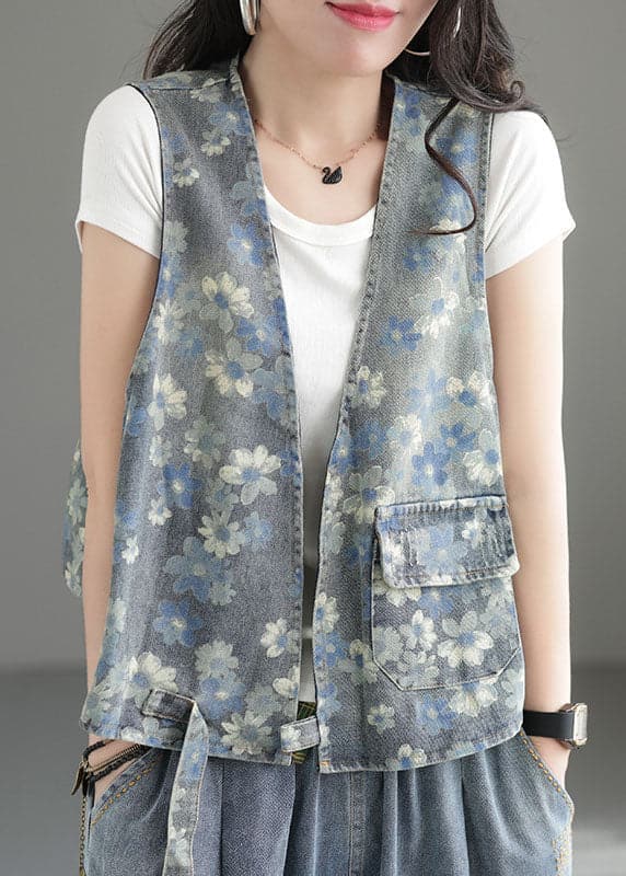 Blue Print Cotton Denim Vest Pocket Sleeveless GK-VTP220506