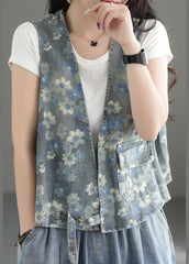 Blue Print Cotton Denim Vest Pocket Sleeveless GK-VTP220506