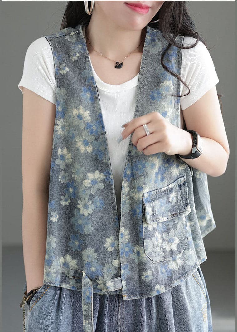 Blue Print Cotton Denim Vest Pocket Sleeveless GK-VTP220506