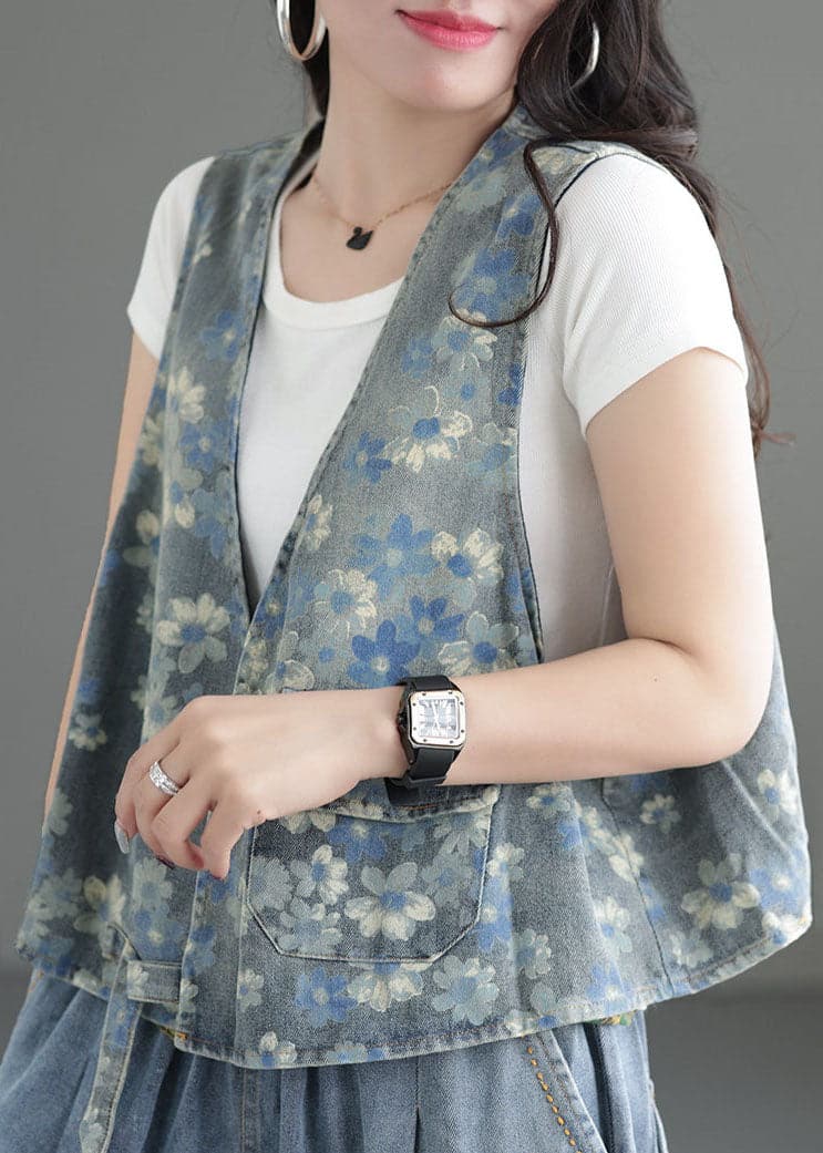 Blue Print Cotton Denim Vest Pocket Sleeveless GK-VTP220506