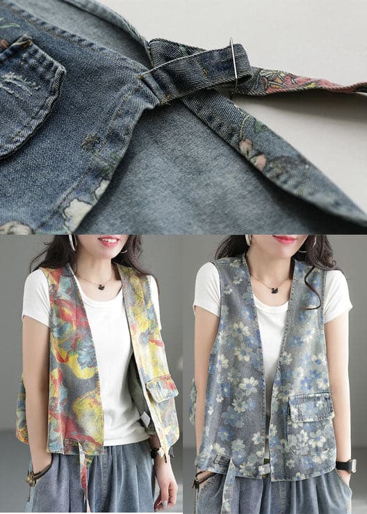 Blue Print Cotton Denim Vest Pocket Sleeveless GK-VTP220506