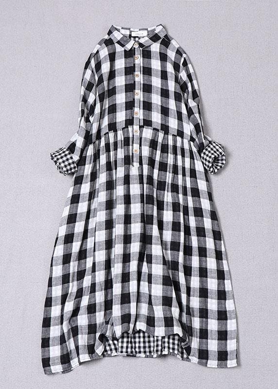 Bohemian Black White Plaid PeterPan Collar Pockets Button Fall Patchwork Dresses BP-FDM210826