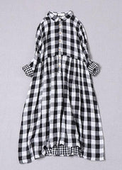 Bohemian Black White Plaid PeterPan Collar Pockets Button Fall Patchwork Dresses BP-FDM210826