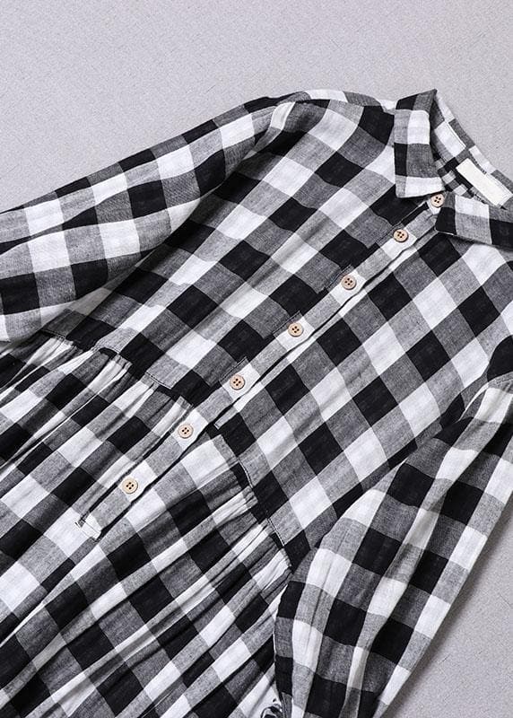 Bohemian Black White Plaid PeterPan Collar Pockets Button Fall Patchwork Dresses BP-FDM210826