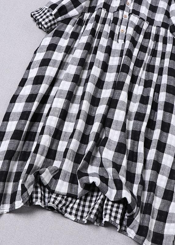 Bohemian Black White Plaid PeterPan Collar Pockets Button Fall Patchwork Dresses BP-FDM210826