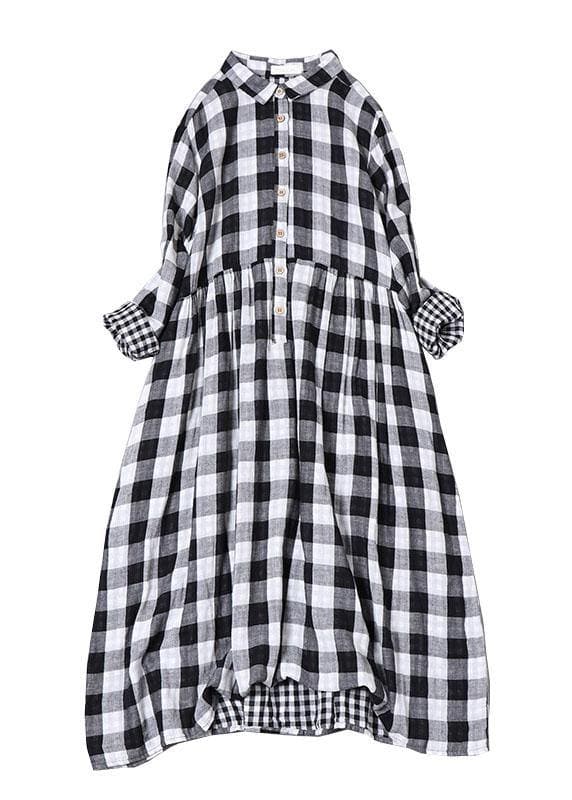 Bohemian Black White Plaid PeterPan Collar Pockets Button Fall Patchwork Dresses BP-FDM210826