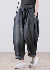 Bohemian Denim Blue Elastic Waist Pockets Cotton Harem Pants Fall WG-LPTS220714