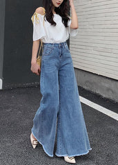 Bohemian Denim Blue High Waist Solid Color Pockets Cotton Wide Leg Pants Fall NZ-LPTS220715