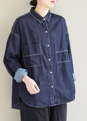 Bohemian Lapel Pockets Spring Tops Women Pattern Denim Blue Shirt LTP210129