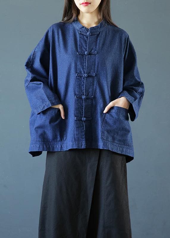 Bohemian denim dark blue clothes For Women stand collar Chinese Button tunic blouse LTP200922