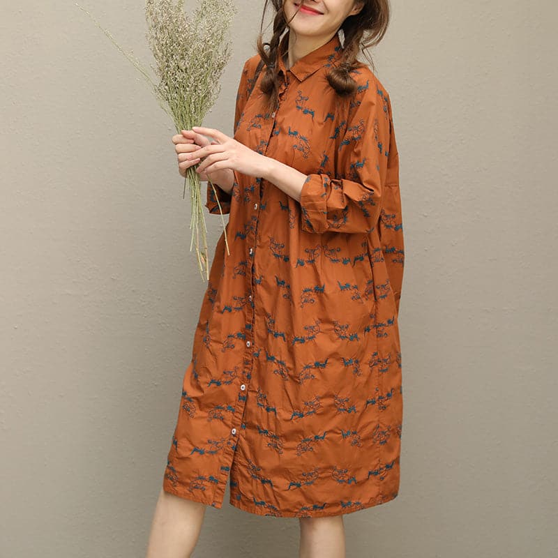 Bohemian embroidery Button Down cotton quilting clothes plus size Sleeve brown short Dresses FDM190129