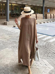 Bohemian O Neck Side Open Linen Cotton Clothes Fabrics Khaki Dress SDL20203