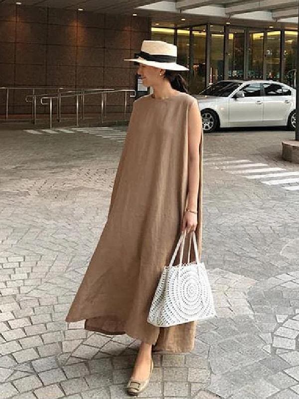 Bohemian O Neck Side Open Linen Cotton Clothes Fabrics Khaki Dress SDL20203
