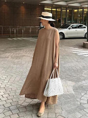 Bohemian O Neck Side Open Linen Cotton Clothes Fabrics Khaki Dress SDL20203