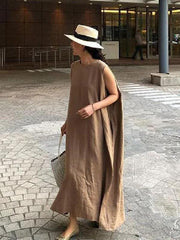 Bohemian O Neck Side Open Linen Cotton Clothes Fabrics Khaki Dress SDL20203