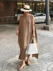 Bohemian O Neck Side Open Linen Cotton Clothes Fabrics Khaki Dress SDL20203
