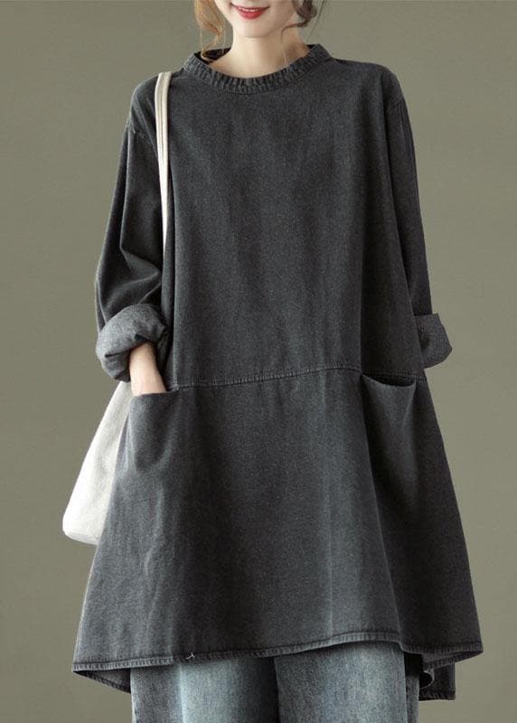 Boho Black Grey O-Neck Pockets Denim Long Dresses Long Sleeve GK-SDM210810