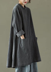 Boho Black Grey O-Neck Pockets Denim Long Dresses Long Sleeve GK-SDM210810