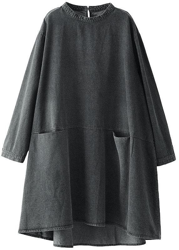 Boho Black Grey O-Neck Pockets Denim Long Dresses Long Sleeve GK-SDM210810
