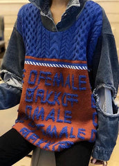 Boho Blue Patchwork Denim Hole Loose Fall Knit Knitted sweaters BSJK-LTP211013