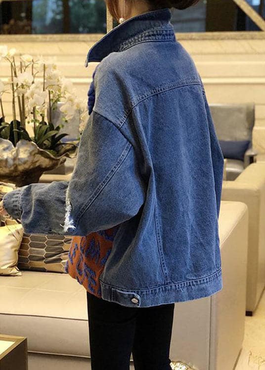 Boho Blue Patchwork Denim Hole Loose Fall Knit Knitted sweaters BSJK-LTP211013