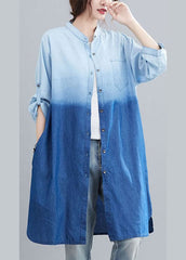 Boho Blue Pockets Button Gradient color Fall Denim Trench Long sleeve YYHC-CTS210930