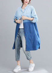 Boho Blue Pockets Button Gradient color Fall Denim Trench Long sleeve YYHC-CTS210930